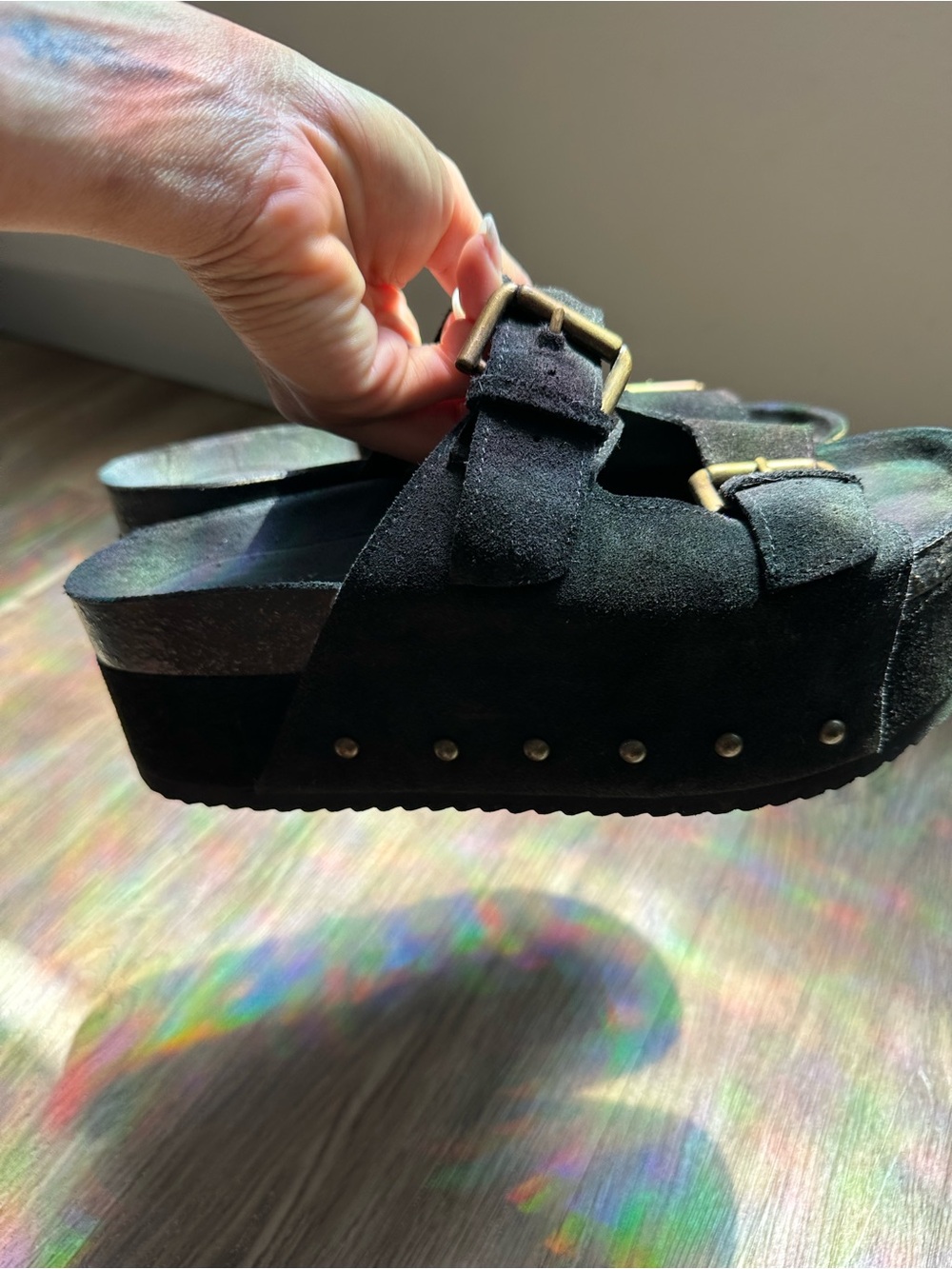 INTENTIONALLY BLANK Black Suede Double Buckle Platform Sandals - Picture 3 of 8